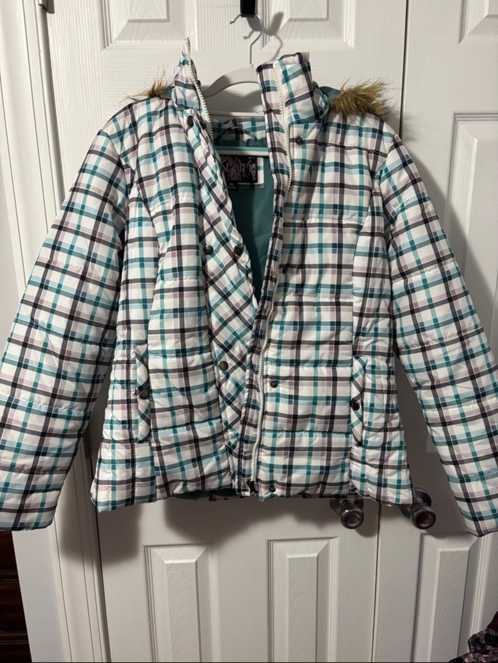 Krush White Teal Plaid Quilted Puffer Jacket with Faux Fur Trim